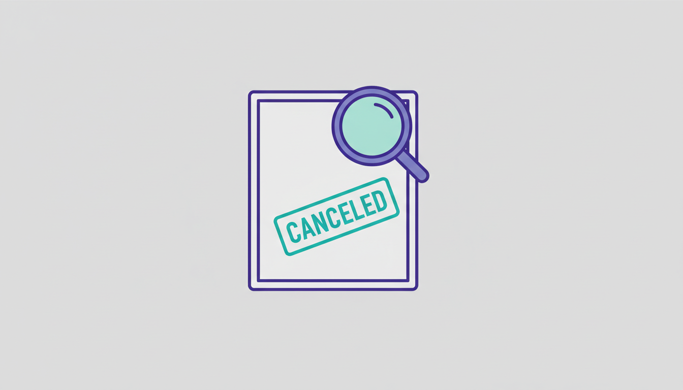 Document with a cancellation stamp and a magnifying glass