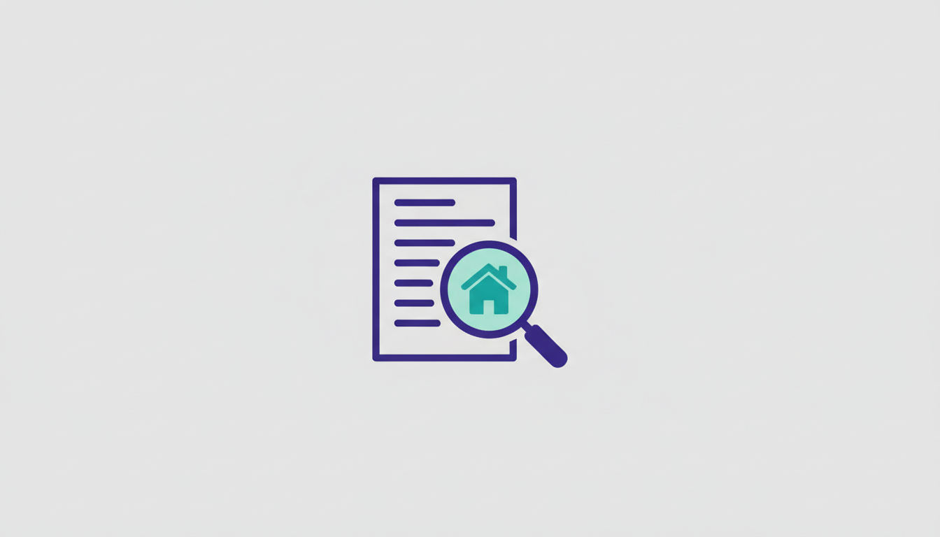 Illustration of a document with a magnifying glass and a housing symbol