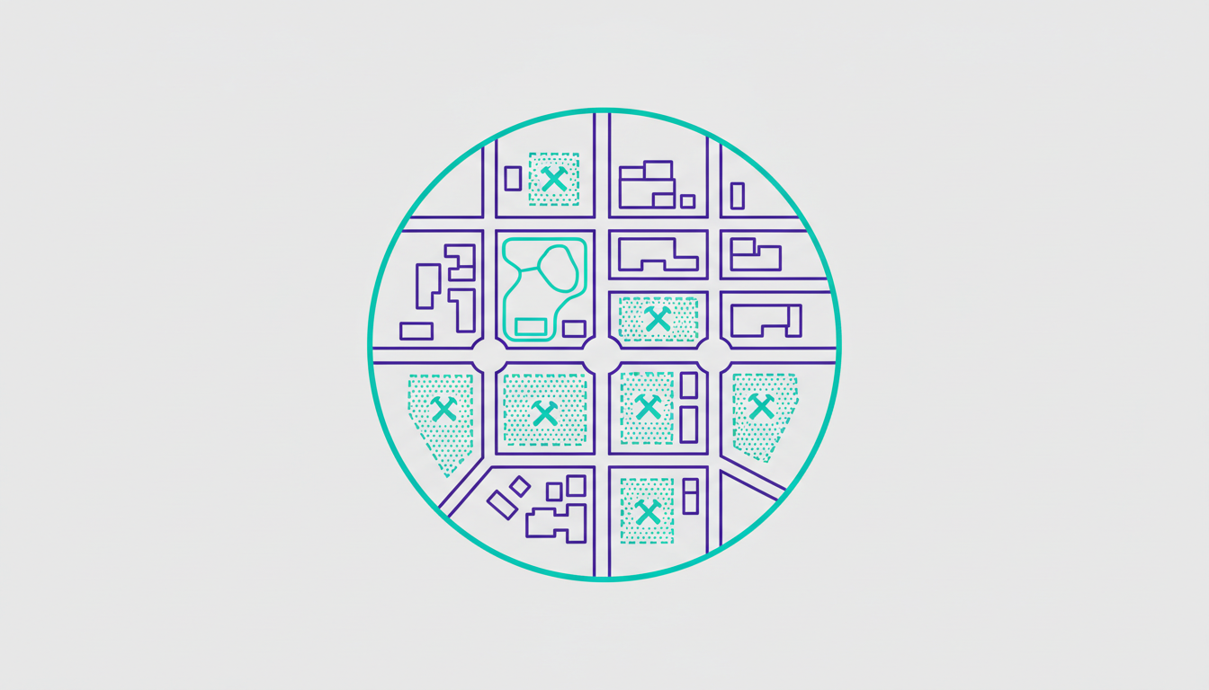 Blueprint of a city highlighting vacant lots for housing development
