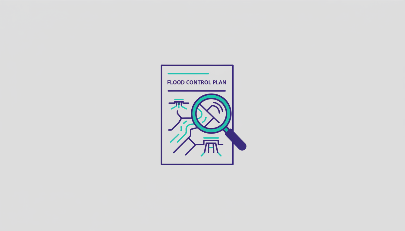 Document with flood control plan and magnifying glass