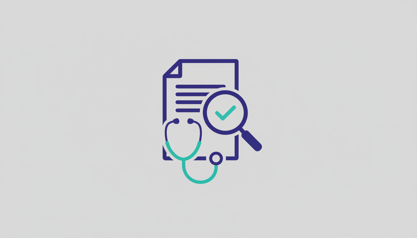 Document with a magnifying glass and stethoscope representing healthcare procurement