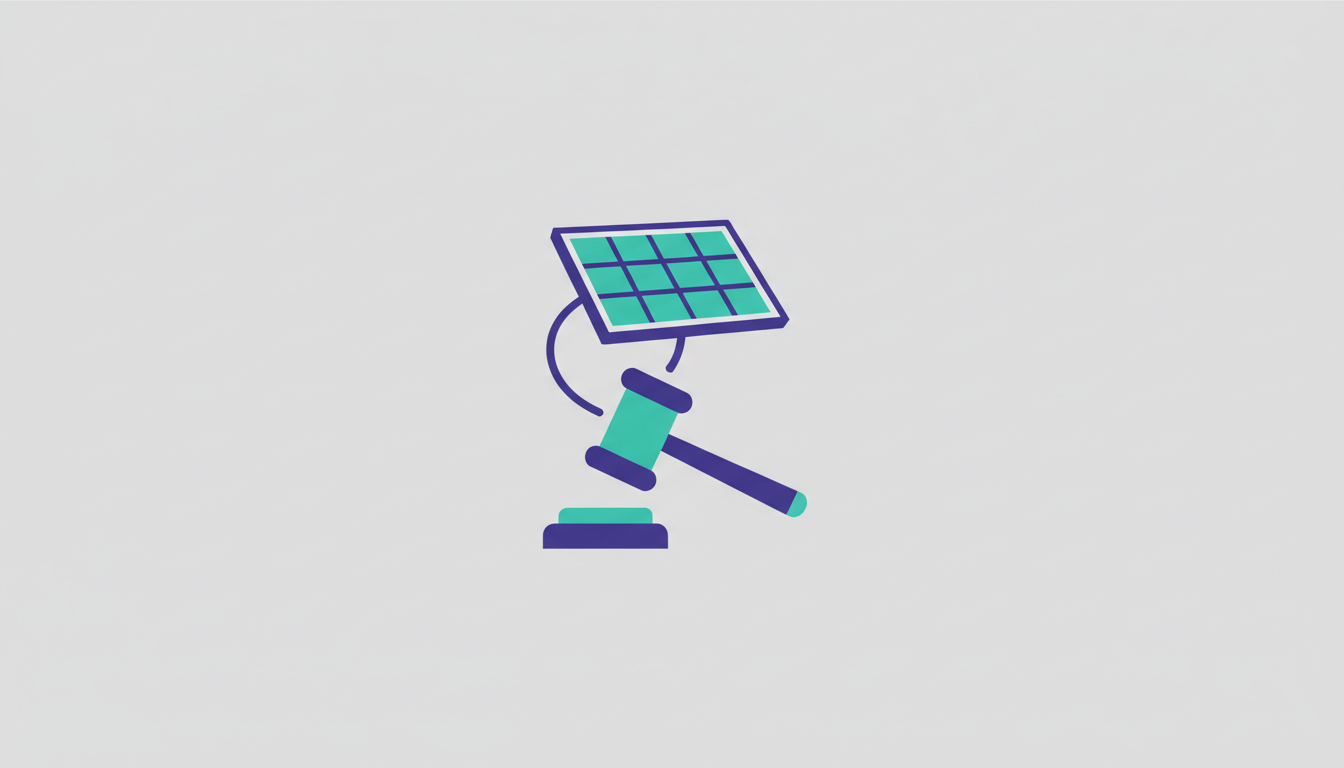 A gavel next to a solar panel representing legal issues in solar procurement