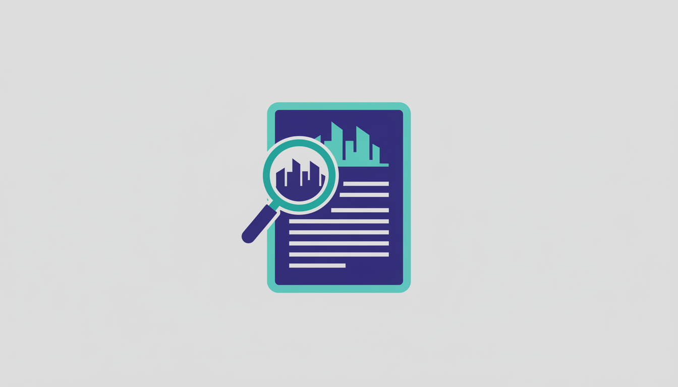 Document with a magnifying glass and a city skyline representing mixed-use development
