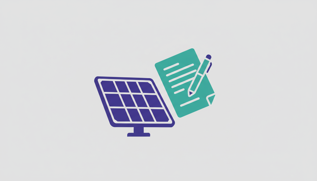 Solar panel next to a document and a pen