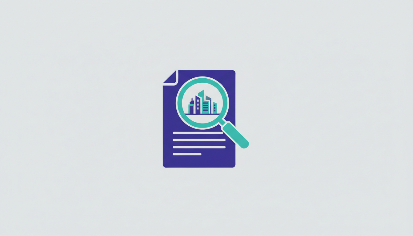 Document with a magnifying glass and a city skyline representing development